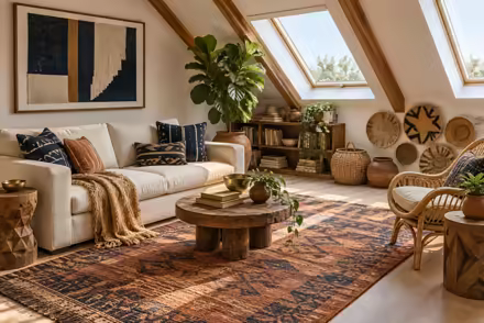 AI-generated afrohemian attic interior design: contemporary craft and textile: one low sofa in warm ivory linen layered with mudcloth-pattern and kente-inspired cushions in indigo