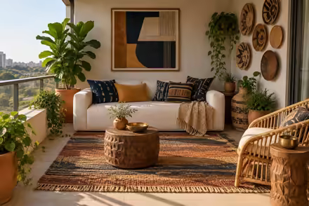 AI-generated afrohemian balcony interior design: contemporary craft and textile: one low sofa in warm ivory linen layered with mudcloth-pattern and kente-inspired cushions in indigo