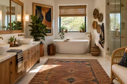 AI-generated afrohemian bathroom interior design: contemporary craft and textile: one low sofa in warm ivory linen layered with mudcloth-pattern and kente-inspired cushions in indigo