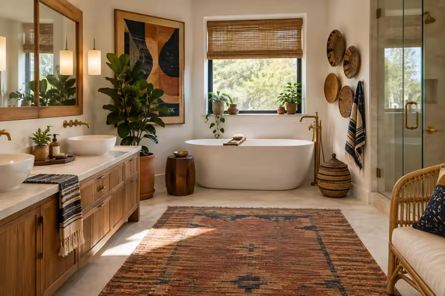 AI-generated afrohemian bathroom interior design: contemporary craft and textile: one low sofa in warm ivory linen layered with mudcloth-pattern and kente-inspired cushions in indigo