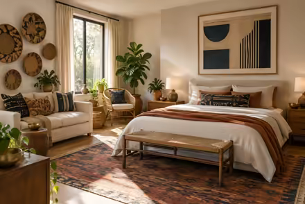 AI-generated afrohemian bedroom interior design: contemporary craft and textile: one low sofa in warm ivory linen layered with mudcloth-pattern and kente-inspired cushions in indigo