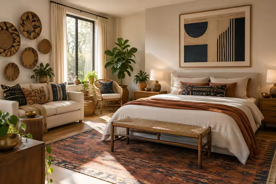 AI-generated afrohemian bedroom interior design: contemporary craft and textile: one low sofa in warm ivory linen layered with mudcloth-pattern and kente-inspired cushions in indigo