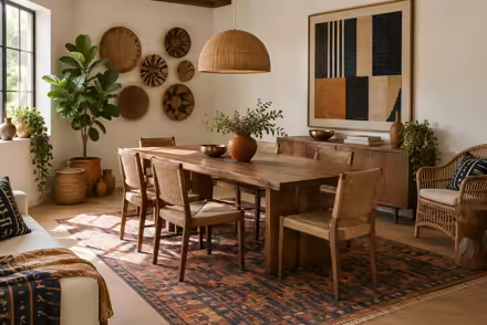 AI-generated afrohemian dining room interior design: contemporary craft and textile: one low sofa in warm ivory linen layered with mudcloth-pattern and kente-inspired cushions in indigo