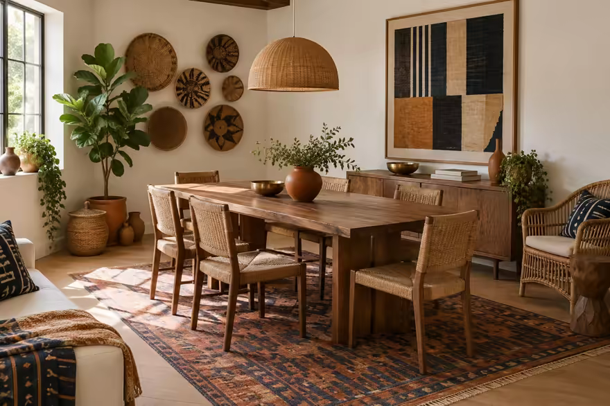 AI-generated afrohemian dining room interior design: contemporary craft and textile: one low sofa in warm ivory linen layered with mudcloth-pattern and kente-inspired cushions in indigo