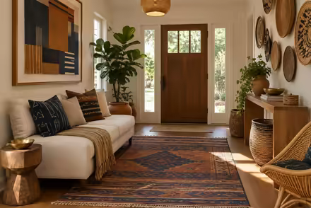 AI-generated afrohemian entryway interior design: contemporary craft and textile: one low sofa in warm ivory linen layered with mudcloth-pattern and kente-inspired cushions in indigo