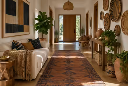 AI-generated afrohemian hallway interior design: contemporary craft and textile: one low sofa in warm ivory linen layered with mudcloth-pattern and kente-inspired cushions in indigo