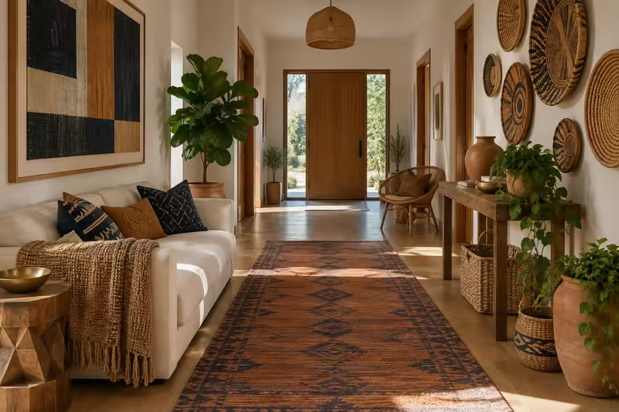 AI-generated afrohemian hallway interior design: contemporary craft and textile: one low sofa in warm ivory linen layered with mudcloth-pattern and kente-inspired cushions in indigo