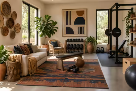 AI-generated afrohemian home gym interior design: contemporary craft and textile: one low sofa in warm ivory linen layered with mudcloth-pattern and kente-inspired cushions in indigo