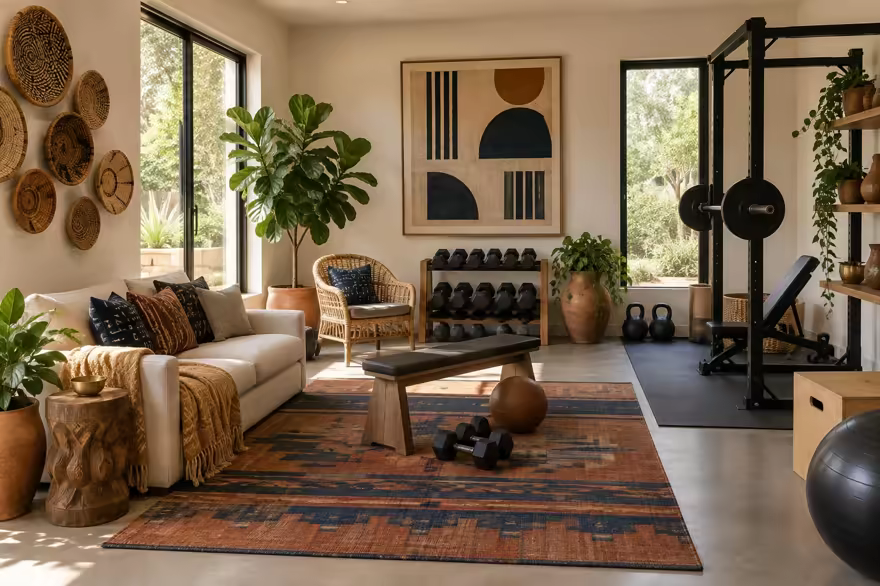 AI-generated afrohemian home gym interior design: contemporary craft and textile: one low sofa in warm ivory linen layered with mudcloth-pattern and kente-inspired cushions in indigo