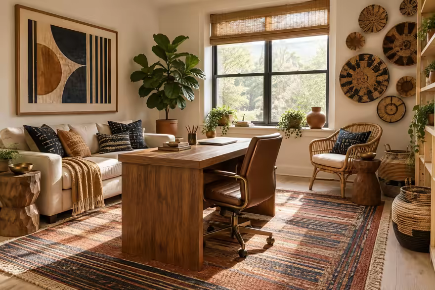 AI-generated afrohemian home office interior design: contemporary craft and textile: one low sofa in warm ivory linen layered with mudcloth-pattern and kente-inspired cushions in indigo