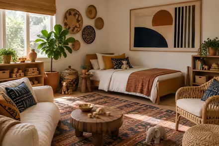 AI-generated afrohemian kids room interior design: contemporary craft and textile: one low sofa in warm ivory linen layered with mudcloth-pattern and kente-inspired cushions in indigo