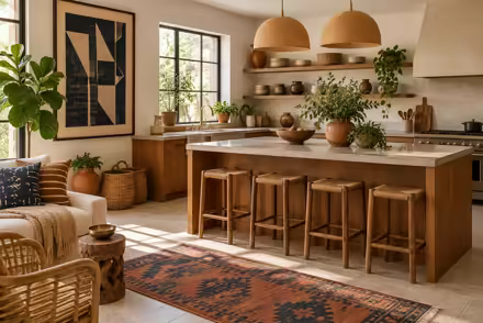AI-generated afrohemian kitchen interior design: contemporary craft and textile: one low sofa in warm ivory linen layered with mudcloth-pattern and kente-inspired cushions in indigo