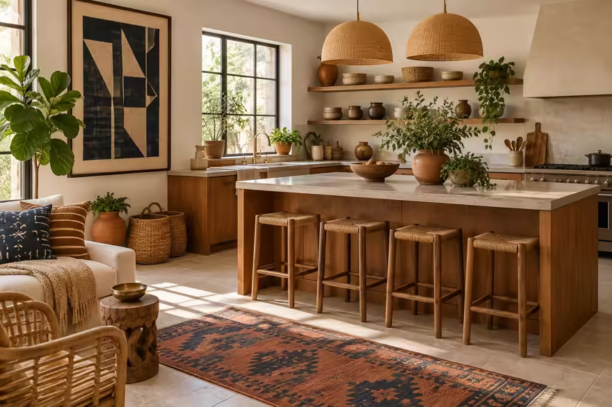 AI-generated afrohemian kitchen interior design: contemporary craft and textile: one low sofa in warm ivory linen layered with mudcloth-pattern and kente-inspired cushions in indigo