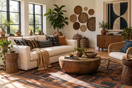 AI-generated afrohemian living room interior design: contemporary craft and textile: one low sofa in warm ivory linen layered with mudcloth-pattern and kente-inspired cushions in indigo