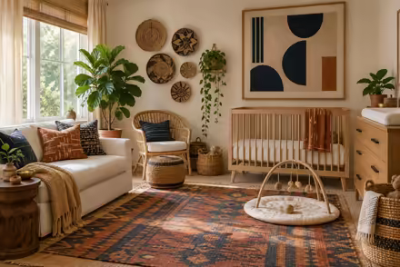 AI-generated afrohemian nursery interior design: contemporary craft and textile: one low sofa in warm ivory linen layered with mudcloth-pattern and kente-inspired cushions in indigo