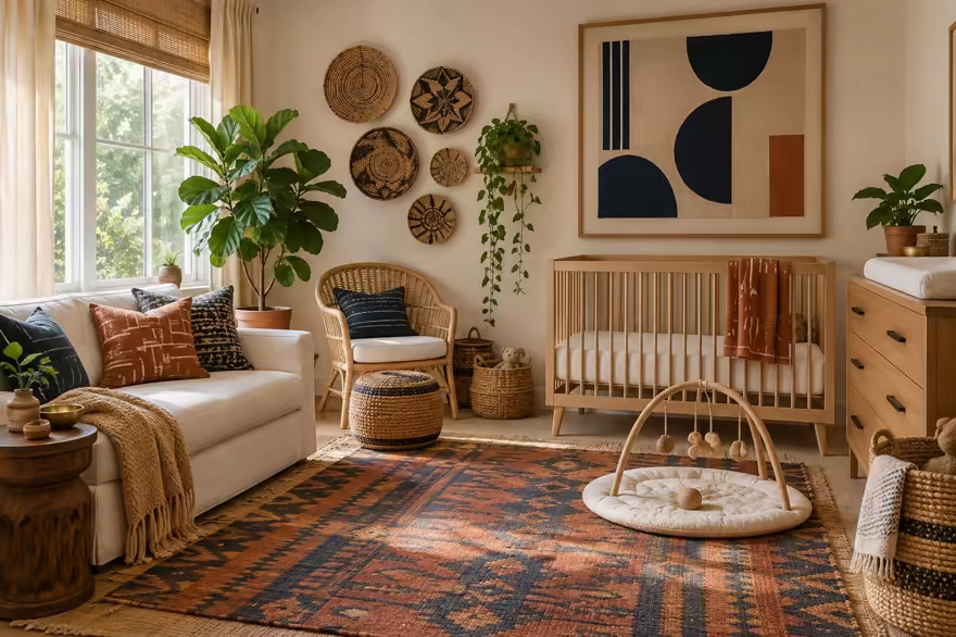 AI-generated afrohemian nursery interior design: contemporary craft and textile: one low sofa in warm ivory linen layered with mudcloth-pattern and kente-inspired cushions in indigo