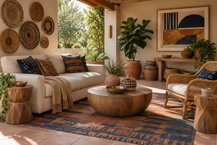 AI-generated afrohemian patio interior design: contemporary craft and textile: one low sofa in warm ivory linen layered with mudcloth-pattern and kente-inspired cushions in indigo