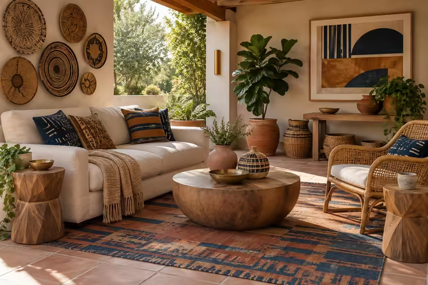 AI-generated afrohemian patio interior design: contemporary craft and textile: one low sofa in warm ivory linen layered with mudcloth-pattern and kente-inspired cushions in indigo