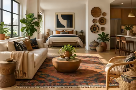 AI-generated afrohemian studio apartment interior design: contemporary craft and textile: one low sofa in warm ivory linen layered with mudcloth-pattern and kente-inspired cushions in indigo