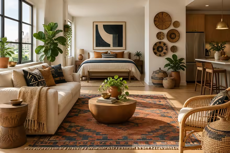 AI-generated afrohemian studio apartment interior design: contemporary craft and textile: one low sofa in warm ivory linen layered with mudcloth-pattern and kente-inspired cushions in indigo