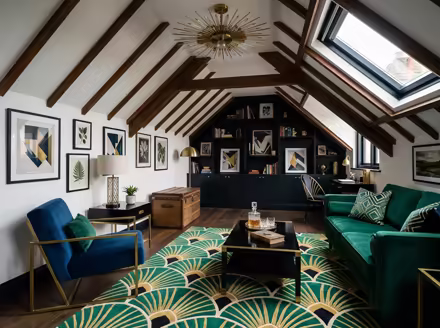 AI-generated art deco attic interior design: bold geometric patterns