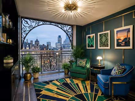 AI-generated art deco balcony interior design: bold geometric patterns
