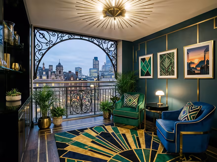 AI-generated art deco balcony interior design: bold geometric patterns