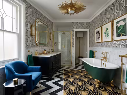 AI-generated art deco bathroom interior design: bold geometric patterns