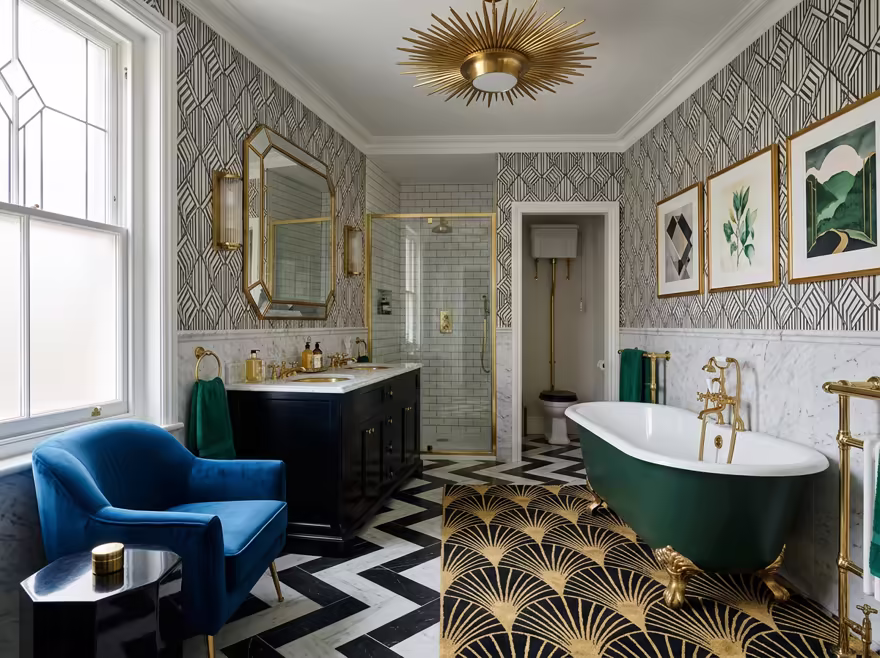 AI-generated art deco bathroom interior design: bold geometric patterns
