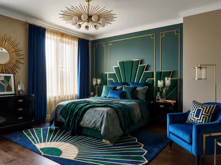 AI-generated art deco bedroom interior design: bold geometric patterns