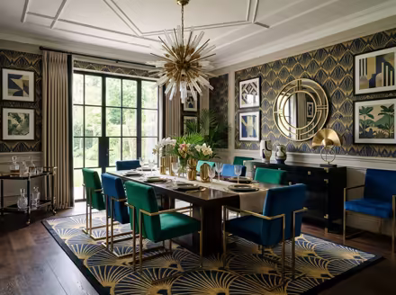 AI-generated art deco dining room interior design: bold geometric patterns