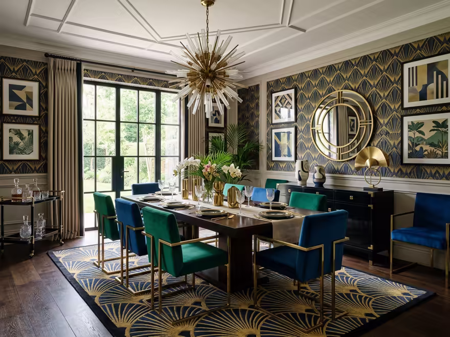 AI-generated art deco dining room interior design: bold geometric patterns
