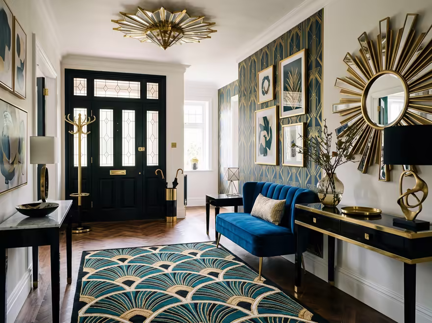 AI-generated art deco entryway interior design: bold geometric patterns