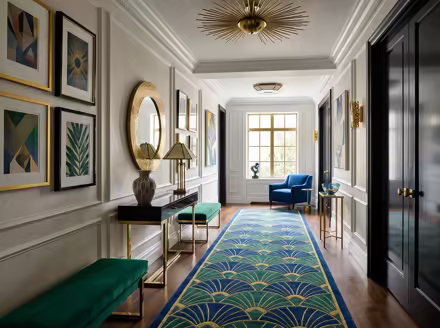 AI-generated art deco hallway interior design: bold geometric patterns