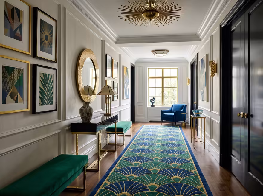 AI-generated art deco hallway interior design: bold geometric patterns