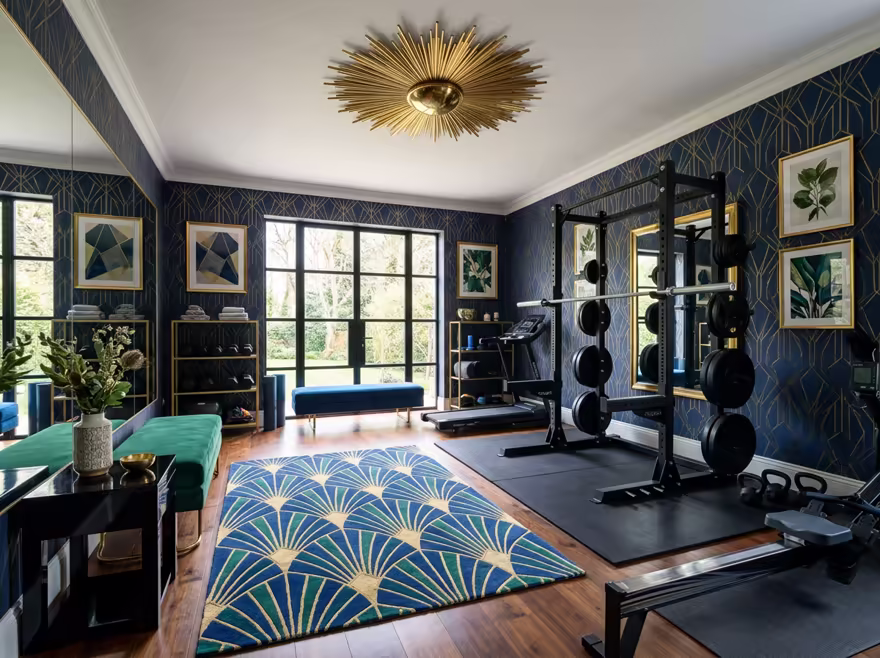 AI-generated art deco home gym interior design: bold geometric patterns