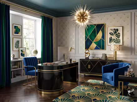 AI-generated art deco home office interior design: bold geometric patterns