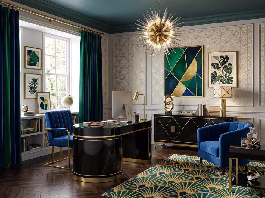 AI-generated art deco home office interior design: bold geometric patterns