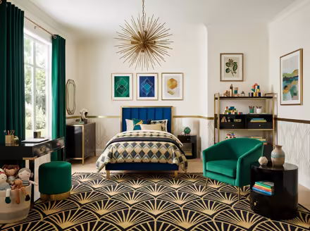AI-generated art deco kids room interior design: bold geometric patterns