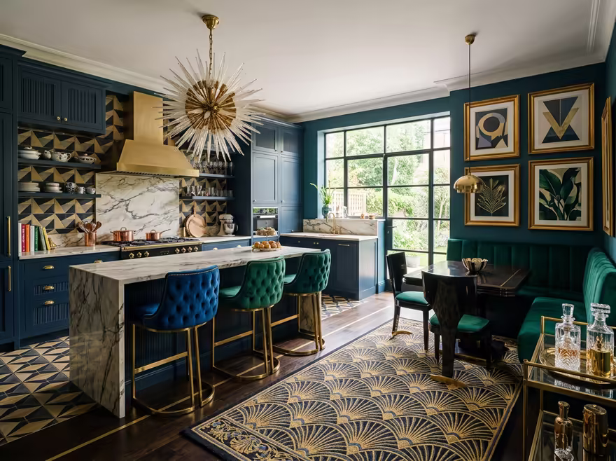 AI-generated art deco kitchen interior design: bold geometric patterns