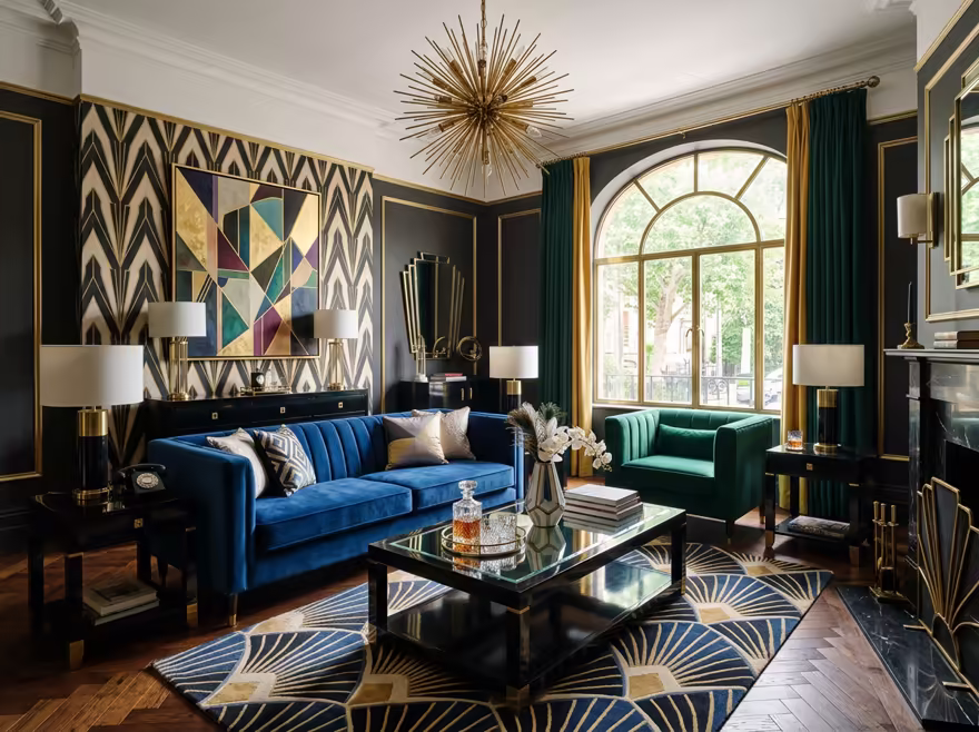 AI-generated art deco living room interior design: bold geometric patterns