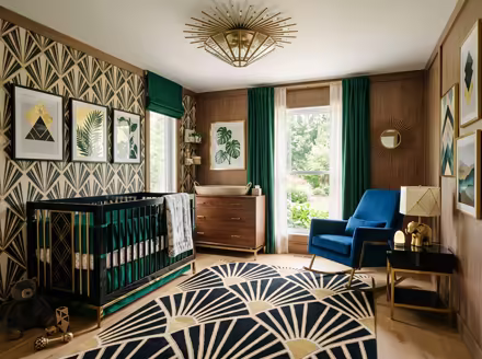 AI-generated art deco nursery interior design: bold geometric patterns