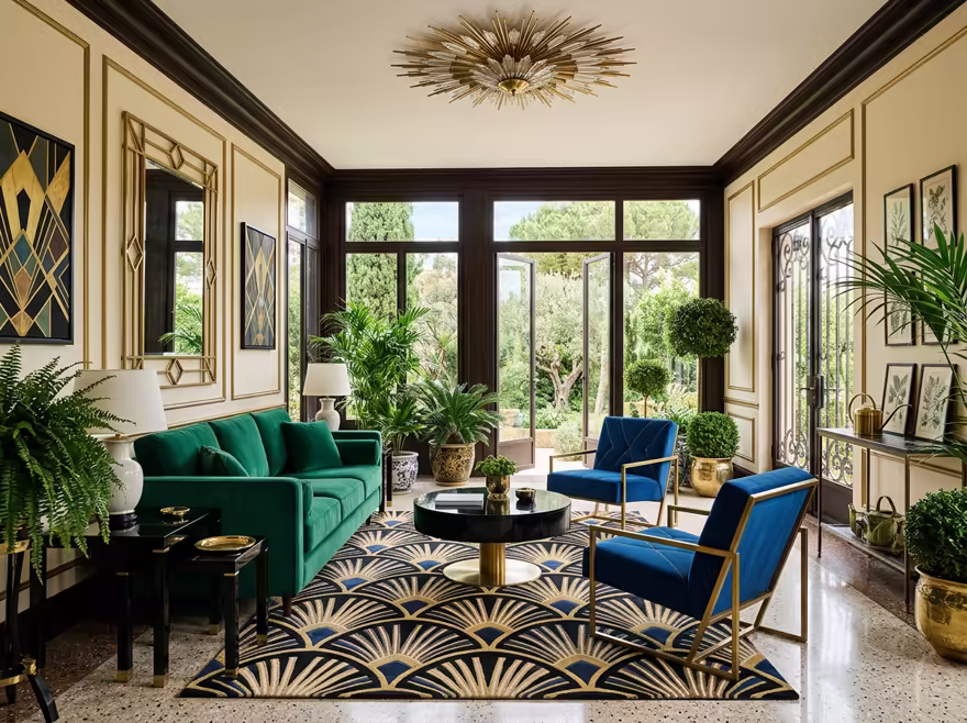 AI-generated art deco patio interior design: bold geometric patterns
