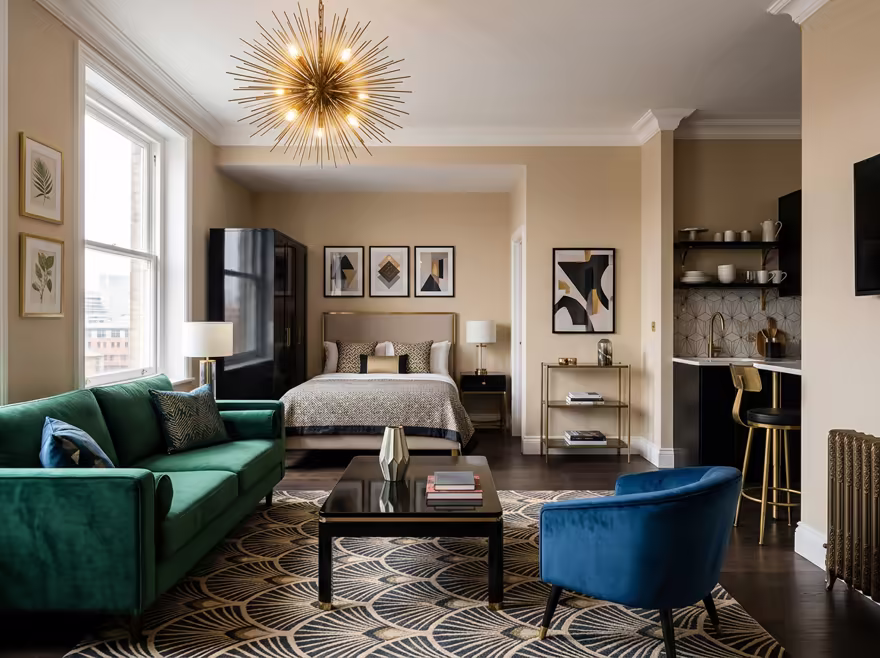 AI-generated art deco studio apartment interior design: bold geometric patterns