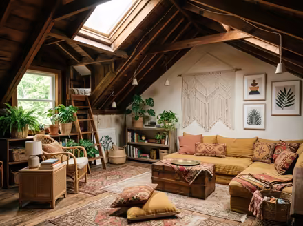 AI-generated boho attic interior design: layered vintage rugs