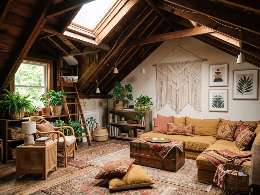 AI-generated boho attic interior design: layered vintage rugs