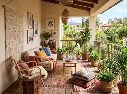 AI-generated boho balcony interior design: layered vintage rugs