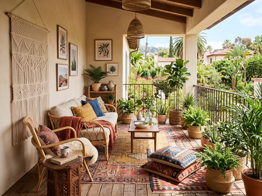 AI-generated boho balcony interior design: layered vintage rugs