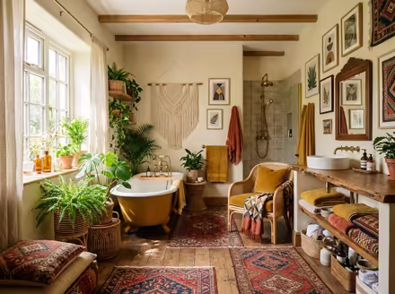 AI-generated boho bathroom interior design: layered vintage rugs