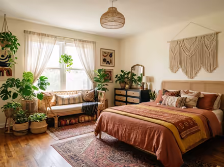 AI-generated boho bedroom interior design: layered vintage rugs